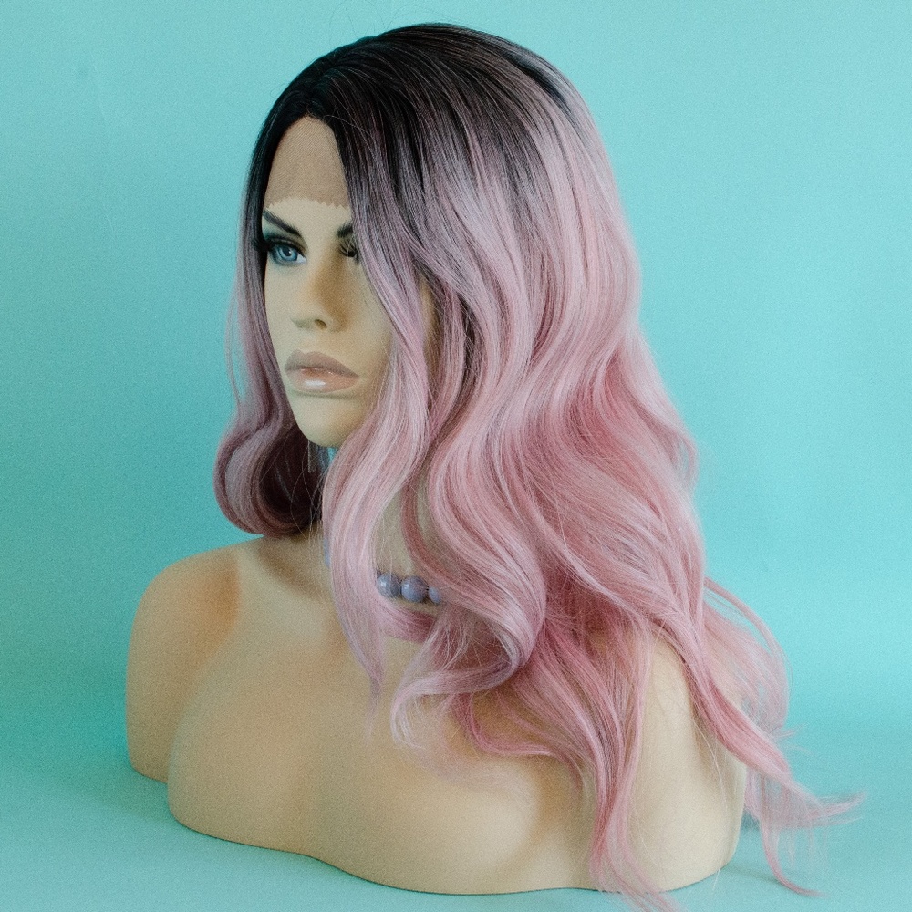 20" Pink Ombre Lace Front Wig w/ Black Roots - Picture 1 of 7